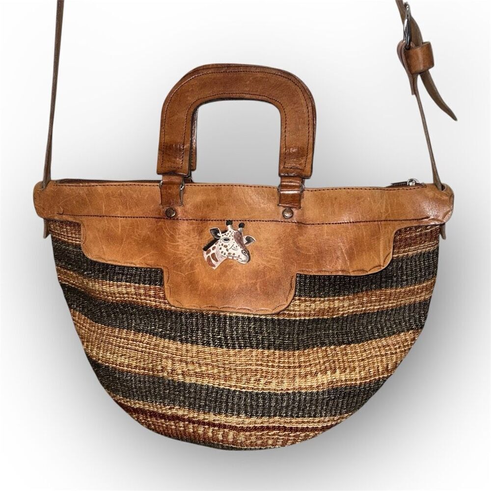 Vintage African Sisal Market Woven Bag Leather Handles & Strap Painted Giraffe